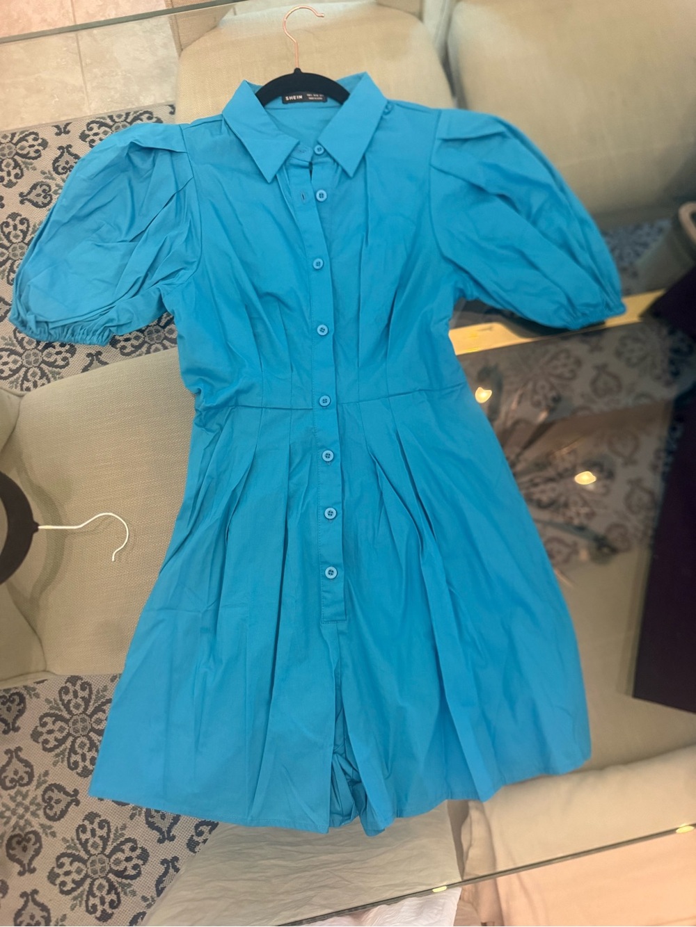 Vibrant Teal Puff-Sleeve Shirt Romper
